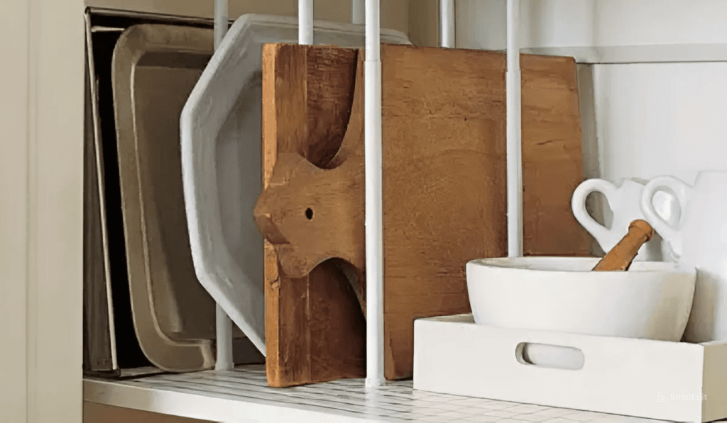 Proper acacia wood cutting board care with upright storage to prevent warping and moisture damage.