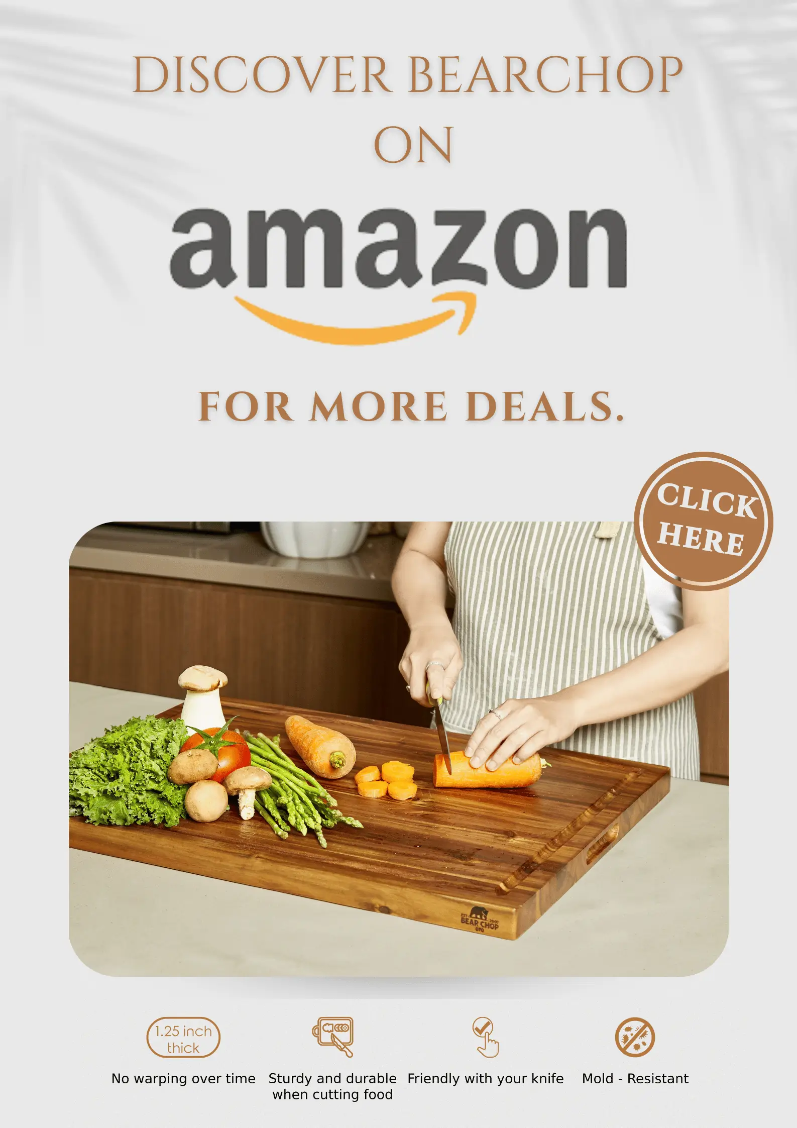Discover Bear Chop cutting boards on Amazon – durable, knife-friendly, mold-resistant, and available in 1.25-inch thickness for stable food prep.
